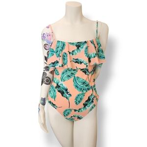 Cupshe tropical one-piece swimsuit ruffle removable straps L peach coral green